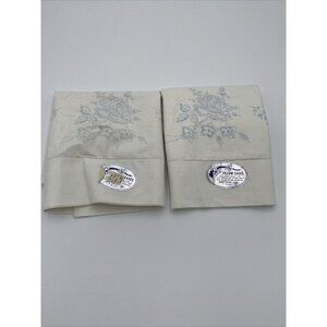 Vintage Pillow Case White New NOS Cotton 33 x 20 Blue Floral Set 2 Standard